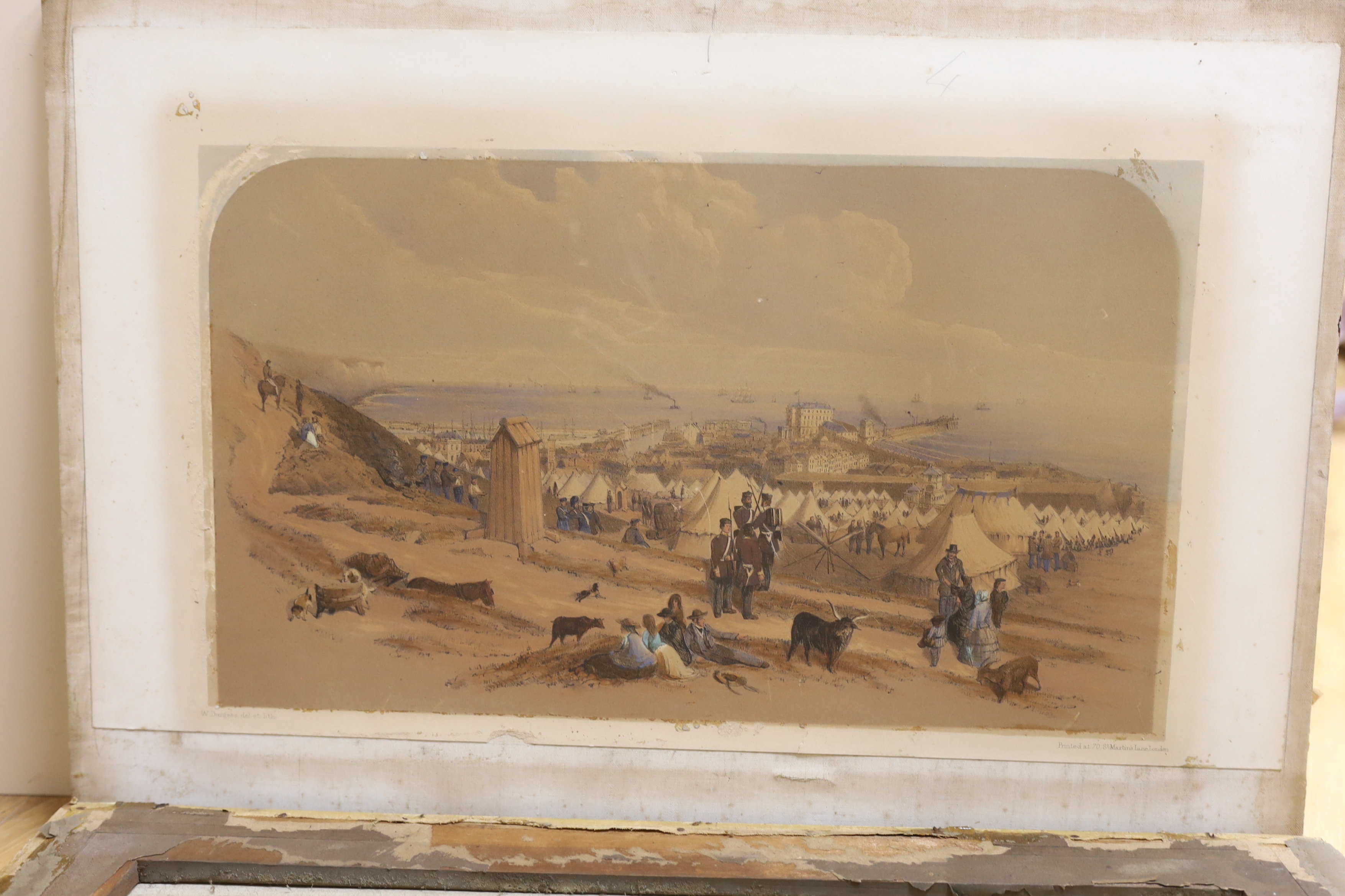 After William Burgess of Dover (1805-1861), four hand coloured lithographs, Views of Dover Castle and environs, 'Camp of 41st, 61st and 93rd Highlanders', dated 1828, 26 x 44cm, unframed